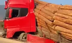 Antalya’da tomruk yüklü TIR refüje devrildi