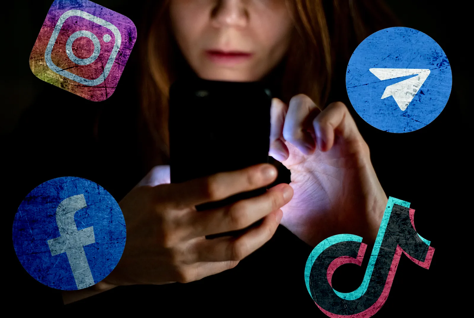 Composite Image Woman Cell Phone Logos Tik Tok Facebook Telegram Instagram.jpg